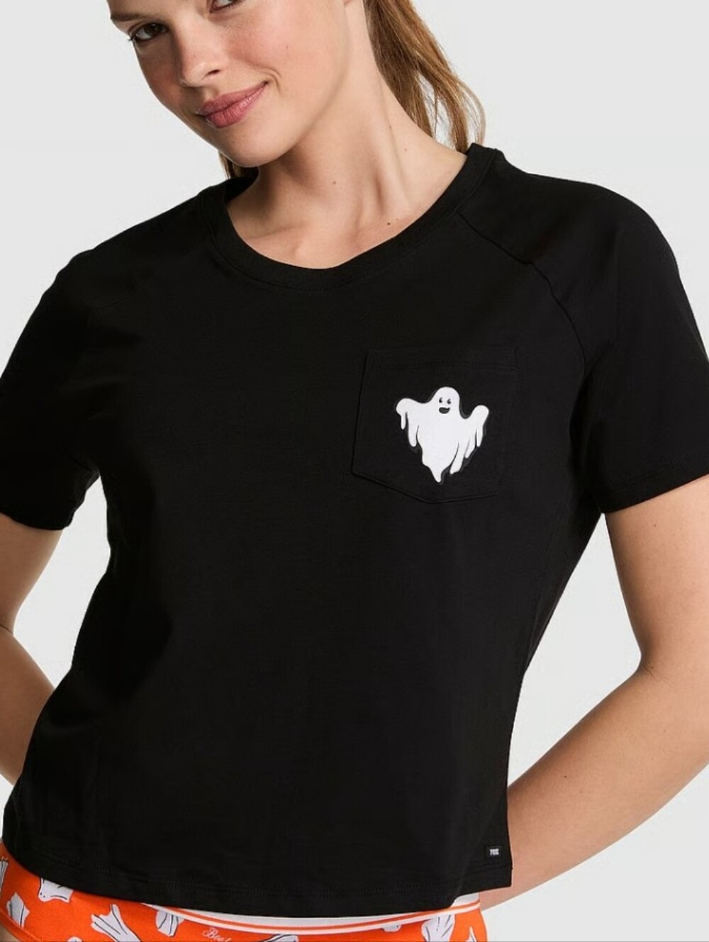 New PINK Cotton Raglan Sleep Tee - Black Ghost Graphic Size Xs